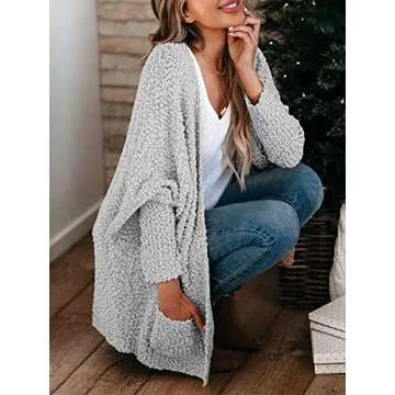 Cardigan Sweaters for Women Open Front Chunky Popcorn Cardigans Oversized Boyfriend Batwing Long Sleeve Fuzzy Knit Coat Gray