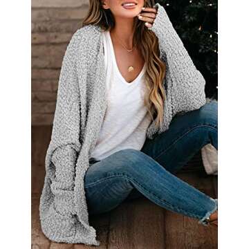 Cardigan Sweaters for Women Open Front Chunky Popcorn Cardigans Oversized Boyfriend Batwing Long Sleeve Fuzzy Knit Coat Gray