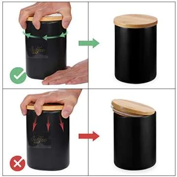 Yangbaga Black Canisters Sets for Kitchen-Set of 3 Coffee Canisters for Countertop with Airtight Wood Lids/Spoons/Stickers, Ceramic Food Storage Containers for Large Suger,Coffee,Tea (42/30/9OZ)