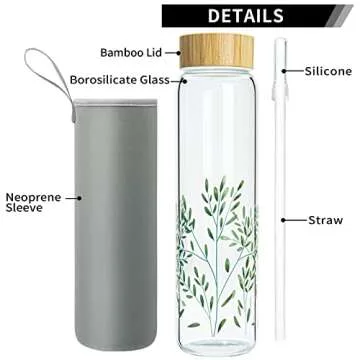 Ferexer 32 oz Glass Water Bottle with Straw, Borosilicate Glass Bottle with Bamboo Lid and Neoprene Sleeve (Leaves)