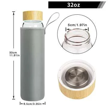 Ferexer 32 oz Glass Water Bottle with Straw, Borosilicate Glass Bottle with Bamboo Lid and Neoprene Sleeve (Leaves)