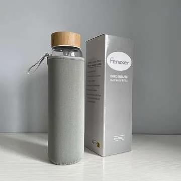 Ferexer 32 oz Glass Water Bottle with Straw, Borosilicate Glass Bottle with Bamboo Lid and Neoprene Sleeve (Leaves)