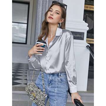 Chigant Women's Satin Silk Long Sleeve Button Down Shirt Formal Work Blouse Top (Light Grey,Medium)