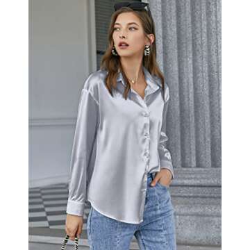 Chigant Women's Satin Silk Long Sleeve Button Down Shirt Formal Work Blouse Top (Light Grey,Medium)