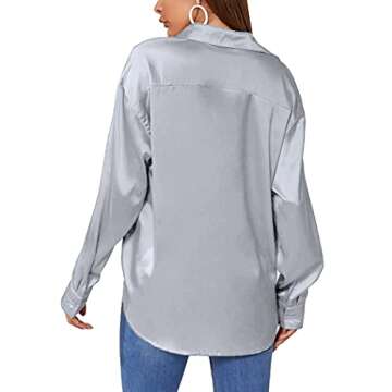 Chigant Women's Satin Silk Long Sleeve Button Down Shirt Formal Work Blouse Top (Light Grey,Medium)