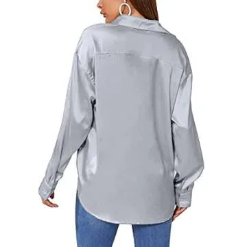 Chigant Women's Satin Silk Long Sleeve Button Down Shirt Formal Work Blouse Top (Light Grey,Medium)