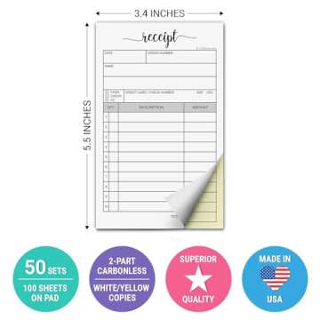 321Done Receipt Pad, Made in USA - 3.4x5.5 Handheld 2-Part Carbonless, Carbon Duplicate Copy Sales O...