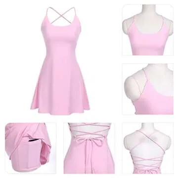 Tennis Dress for Women Backless Lace Up Workout Dress with Built-in Bras & Shorts Exercise Athletic Golf Dresses for Women Pink Small