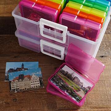 IRIS USA 4"x 6" Photo Storage Box Container Keeper Organizer, 2-Pack, Main Container with 16 Organization Cases for Pictures Crafts Scrapbooking Stationery, Protection Organization, Multi-color/Clear