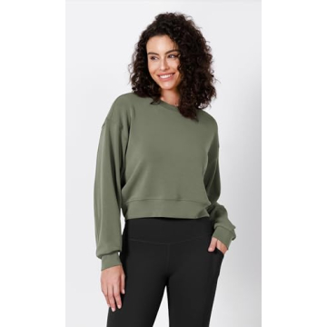 ODODOS Modal Soft Long Sleeve Cropped Sweatshirts for Women Oversized Crew Neck Pullover Crop Top, Dark Sage, Small