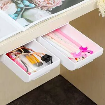 4 Pieces Drawer Pencil Tray Desk Organizer Self-Adhesive Pop-Up Latent Drawer Organizer, Expandable Drawer Storing Tray, Hiding Under The Table Desktop Organizer Set for Office and Desk