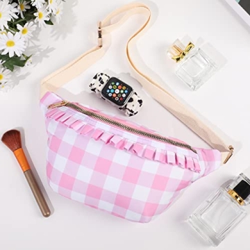 Belt Bag for Women Gingham Ruffle Crossbody Fanny Pack with Adjustable Strap,Cute Mini Everywhere Fashion Waist Pack Bag Bum bag for Traveling Hiking Cycling Running Casual (Pink) ﻿