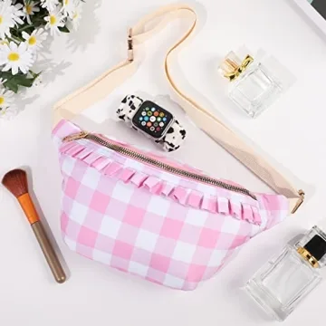 Belt Bag for Women Gingham Ruffle Crossbody Fanny Pack with Adjustable Strap,Cute Mini Everywhere Fashion Waist Pack Bag Bum bag for Traveling Hiking Cycling Running Casual (Pink) ﻿