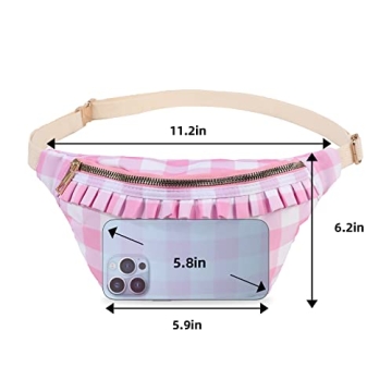 Belt Bag for Women Gingham Ruffle Crossbody Fanny Pack with Adjustable Strap,Cute Mini Everywhere Fashion Waist Pack Bag Bum bag for Traveling Hiking Cycling Running Casual (Pink) ﻿