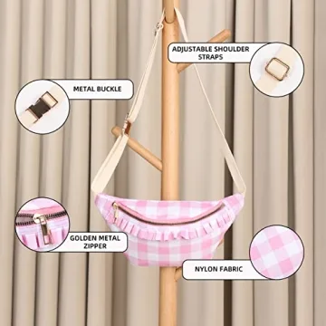 Belt Bag for Women Gingham Ruffle Crossbody Fanny Pack with Adjustable Strap,Cute Mini Everywhere Fashion Waist Pack Bag Bum bag for Traveling Hiking Cycling Running Casual (Pink) ﻿