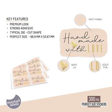 300 Handmade with Love Stickers in Sheets | 1.75" x 2.75" Special Cut Size | Typical Shape Design with Gold Foil and Light Peach Background | Highly Recommended for Small Business Owners (1 Pack)