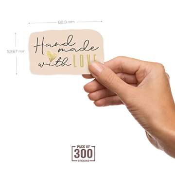 300 Handmade with Love Stickers in Sheets | 1.75" x 2.75" Special Cut Size | Typical Shape Design with Gold Foil and Light Peach Background | Highly Recommended for Small Business Owners (1 Pack)
