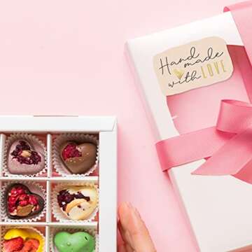 300 Handmade with Love Stickers in Sheets | 1.75" x 2.75" Special Cut Size | Typical Shape Design with Gold Foil and Light Peach Background | Highly Recommended for Small Business Owners (1 Pack)