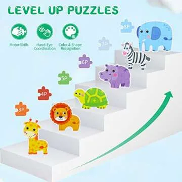 FLYINGSEEDS 6 Packs Safari Animals Shaped Wooden Jigsaw Puzzles for Toddlers Ages 1-3, Level-up Puzz...