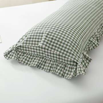 Silnuo Green/White Plaid Ruffled Body Pillow Sham Washed Cotton Shabby Checkered Gingham Pillow Cover 20"x54"