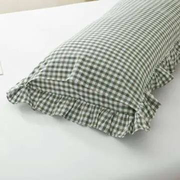Silnuo Green/White Plaid Ruffled Body Pillow Sham Washed Cotton Shabby Checkered Gingham Pillow Cover 20"x54"