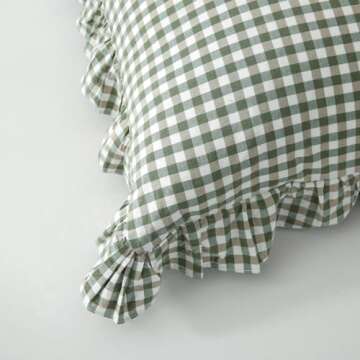 Silnuo Green/White Plaid Ruffled Body Pillow Sham Washed Cotton Shabby Checkered Gingham Pillow Cover 20"x54"