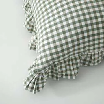 Silnuo Green/White Plaid Ruffled Body Pillow Sham Washed Cotton Shabby Checkered Gingham Pillow Cover 20"x54"