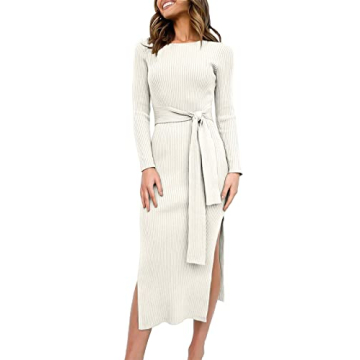 ANRABESS Womens Long Sleeve Sweater Dress Crew Neck Slim Fit Slit Tie Waist 2024 Ribbed Knit Bodycon...