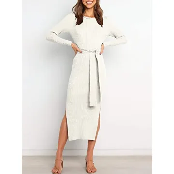 ANRABESS Womens Long Sleeve Sweater Dress Crew Neck Slim Fit Slit Tie Waist 2024 Ribbed Knit Bodycon Midi Dress Fall Outfits 623mibai-S White
