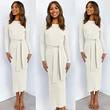 ANRABESS Womens Long Sleeve Sweater Dress Crew Neck Slim Fit Slit Tie Waist 2024 Ribbed Knit Bodycon Midi Dress Fall Outfits 623mibai-S White