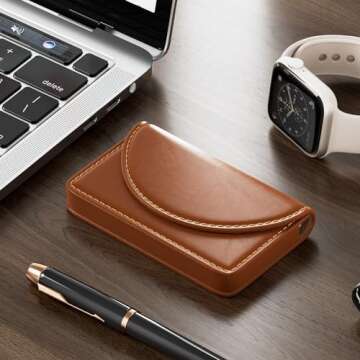MaxGear Business Card Holder, PU Leather Business Card Case Pocket for Men or Women, Professional Slim Credit Cards Carrier Name Cards Holder Wallet with Magnetic Shut, Light Coffee
