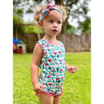 12-18 Months Kid Child Girl Flamingo Leaves Print Summer Layette Bodysuit Acive Pom Pom Green White Stripes Onesie 1pcs