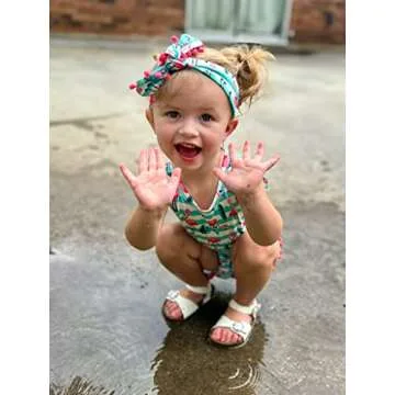 12-18 Months Kid Child Girl Flamingo Leaves Print Summer Layette Bodysuit Acive Pom Pom Green White Stripes Onesie 1pcs