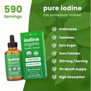 Organic Iodine Liquid Drops - 250 mcg Iodine Supplement for Women & Men - Potassium Iodide Solution 250 mcg - 590 Servings - Thyroid, Hormone & Metabolic Support - Non-GMO, Vegan NPN 80119762