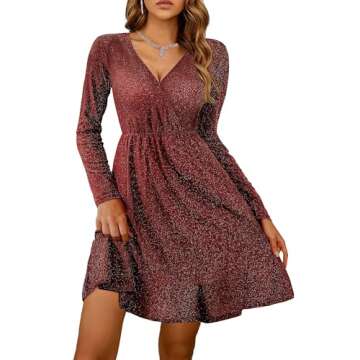 Zeagoo Fit Flare Dress Wrap V Neck Ruffle Hem Swing Club Cocktail Christmas New Year Eve Party Dresses Mini Sparkle Dress Wine Red