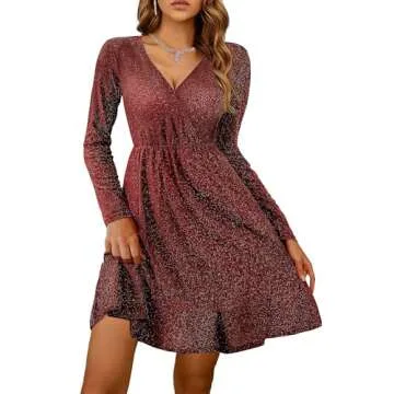 Zeagoo Fit Flare Dress Wrap V Neck Ruffle Hem Swing Club Cocktail Christmas New Year Eve Party Dresses Mini Sparkle Dress Wine Red
