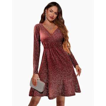 Zeagoo Fit Flare Dress Wrap V Neck Ruffle Hem Swing Club Cocktail Christmas New Year Eve Party Dresses Mini Sparkle Dress Wine Red