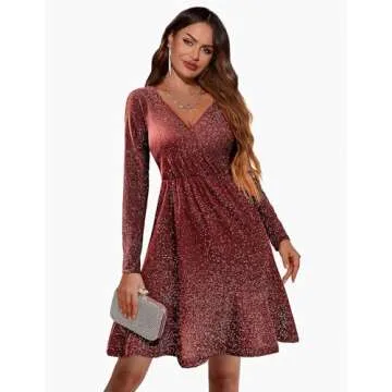 Zeagoo Fit Flare Dress Wrap V Neck Ruffle Hem Swing Club Cocktail Christmas New Year Eve Party Dresses Mini Sparkle Dress Wine Red