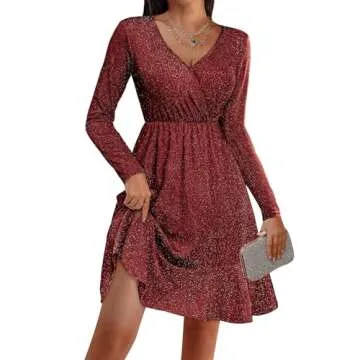 Zeagoo Fit Flare Dress Wrap V Neck Ruffle Hem Swing Club Cocktail Christmas New Year Eve Party Dresses Mini Sparkle Dress Wine Red