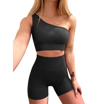 OQQ Women Ribbed One Shoulder Tops High Shorts Set Black