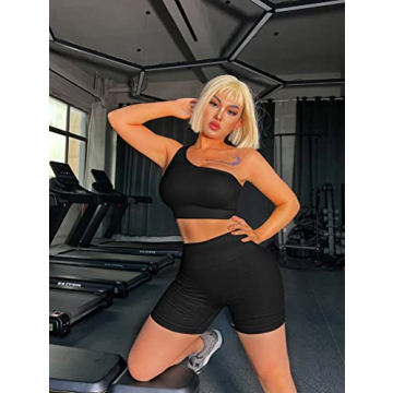 OQQ Women Ribbed One Shoulder Tops High Shorts Set Black