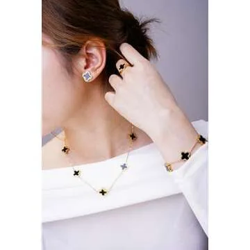 OSIRIDEH2 Clover Jewelry Set 18K Gold Plated Flower Design Stainless Steel Necklace for Women, Elega...