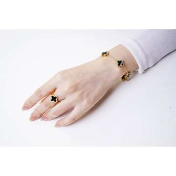 OSIRIDEH2 Clover Jewelry Set 18K Gold Plated Flower Design Stainless Steel Necklace for Women, Elegant Floral Style Necklace Bracelet Jewelry Gift (Black 4pcs)