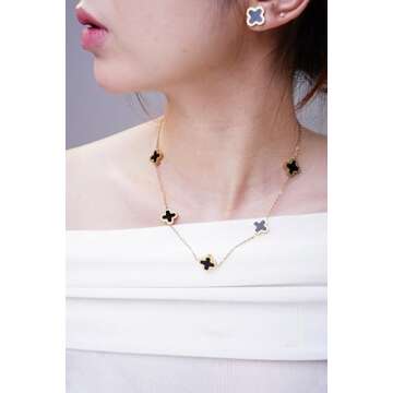 OSIRIDEH2 Clover Jewelry Set 18K Gold Plated Flower Design Stainless Steel Necklace for Women, Elegant Floral Style Necklace Bracelet Jewelry Gift (Black 4pcs)