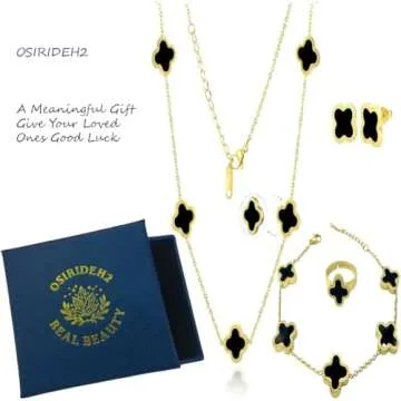 OSIRIDEH2 Clover Jewelry Set 18K Gold Plated Flower Design Stainless Steel Necklace for Women, Elegant Floral Style Necklace Bracelet Jewelry Gift (Black 4pcs)