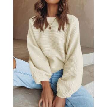 ARTFREE Womens Ribbed Knit Crewneck Sweater Oversized Lantern Sleeve Casual Loose Fall Winter Sweate...