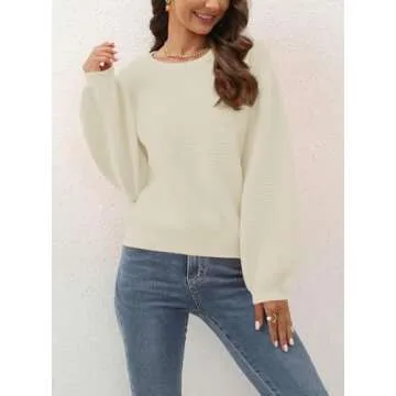 ARTFREE Womens Ribbed Knit Crewneck Sweater Oversized Lantern Sleeve Casual Loose Fall Winter Sweaters Pullover Tops White