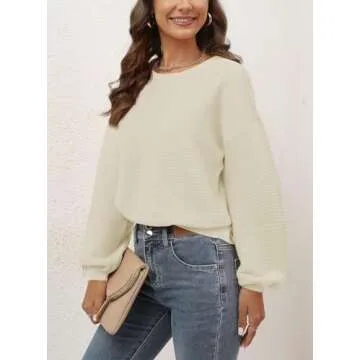 ARTFREE Womens Ribbed Knit Crewneck Sweater Oversized Lantern Sleeve Casual Loose Fall Winter Sweaters Pullover Tops White