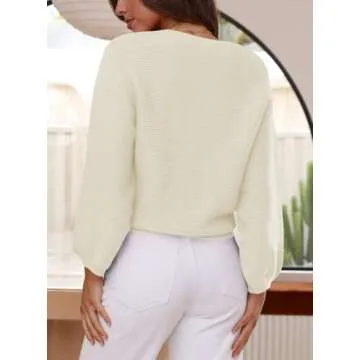 ARTFREE Womens Ribbed Knit Crewneck Sweater Oversized Lantern Sleeve Casual Loose Fall Winter Sweaters Pullover Tops White