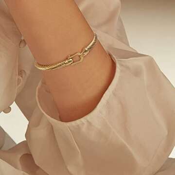 HX SHARE Twisted Cable Bracelet Stylish Fine Stainless Steel Cable Cuff Bracelet with Hook Clasp Bracelets Jewelry for Women （Upgrade 18K gold 6.7"）
